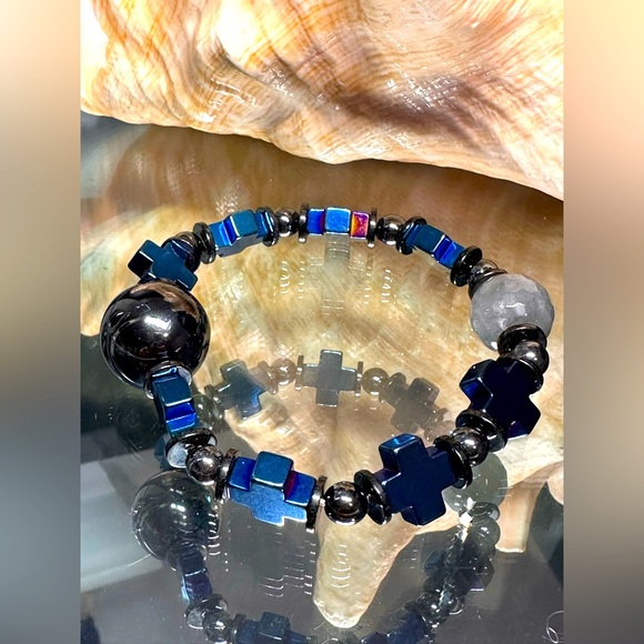 HEMATITE + QUARTZ NATURAL STONES  BRACELET size 7” - Picture 5 of 16